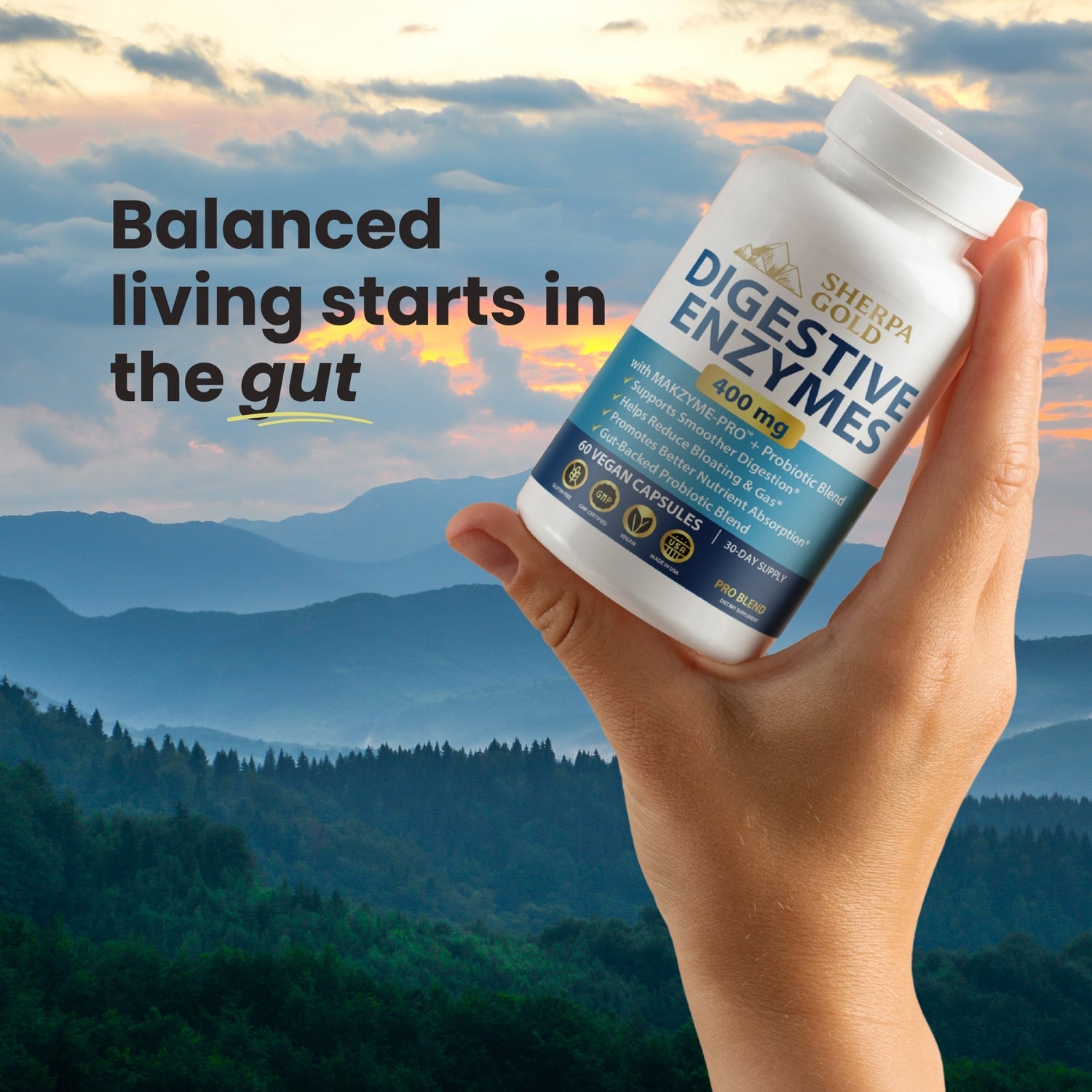 Sherpa Gold Digestive Enzymes – With Makzyme-Pro™ + Probiotic Blend (60 Vegan Capsules)