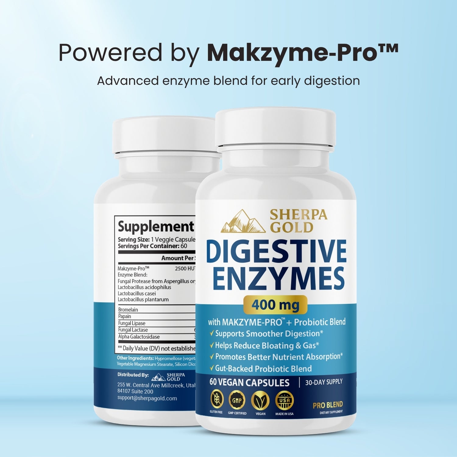 Sherpa Gold Digestive Enzymes – With Makzyme-Pro™ + Probiotic Blend (60 Vegan Capsules)