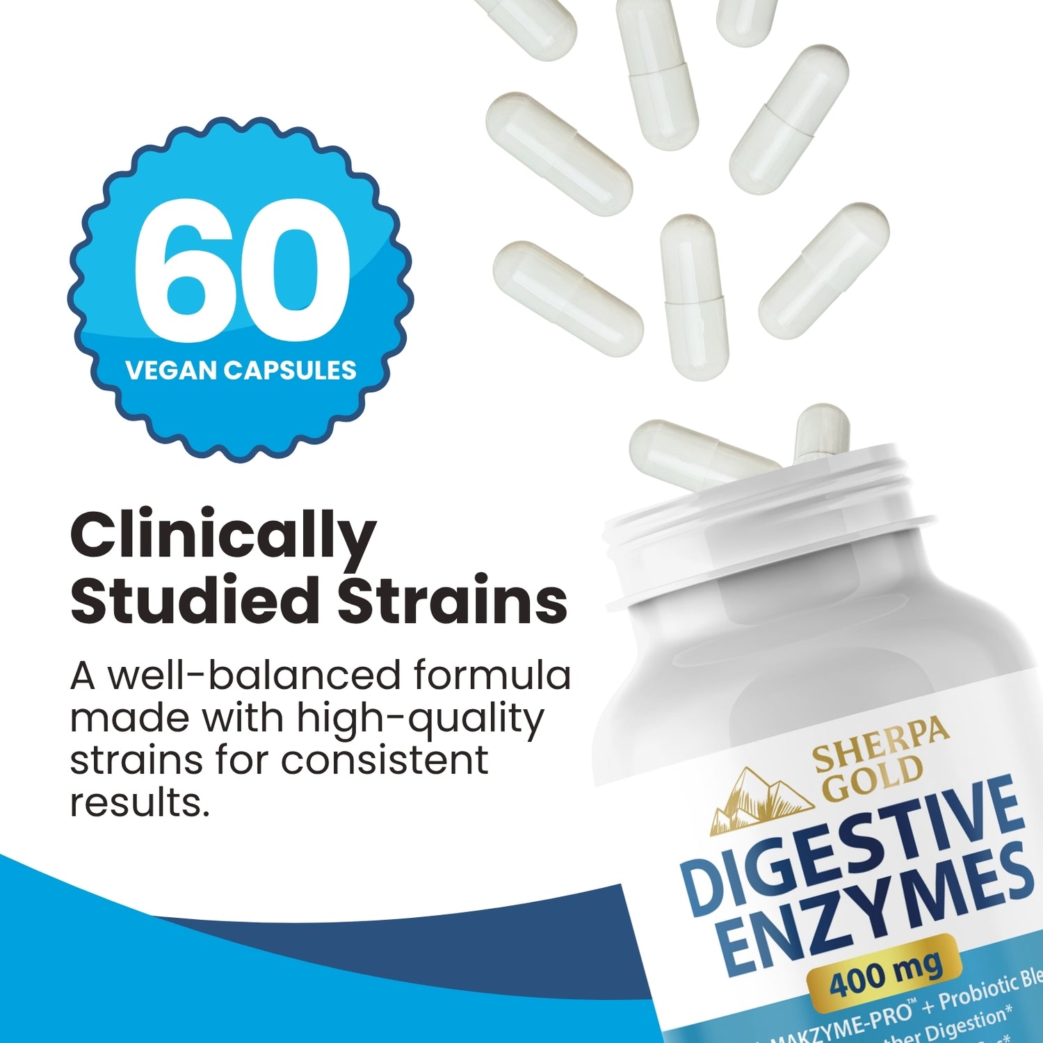 Sherpa Gold Digestive Enzymes – With Makzyme-Pro™ + Probiotic Blend (60 Vegan Capsules)
