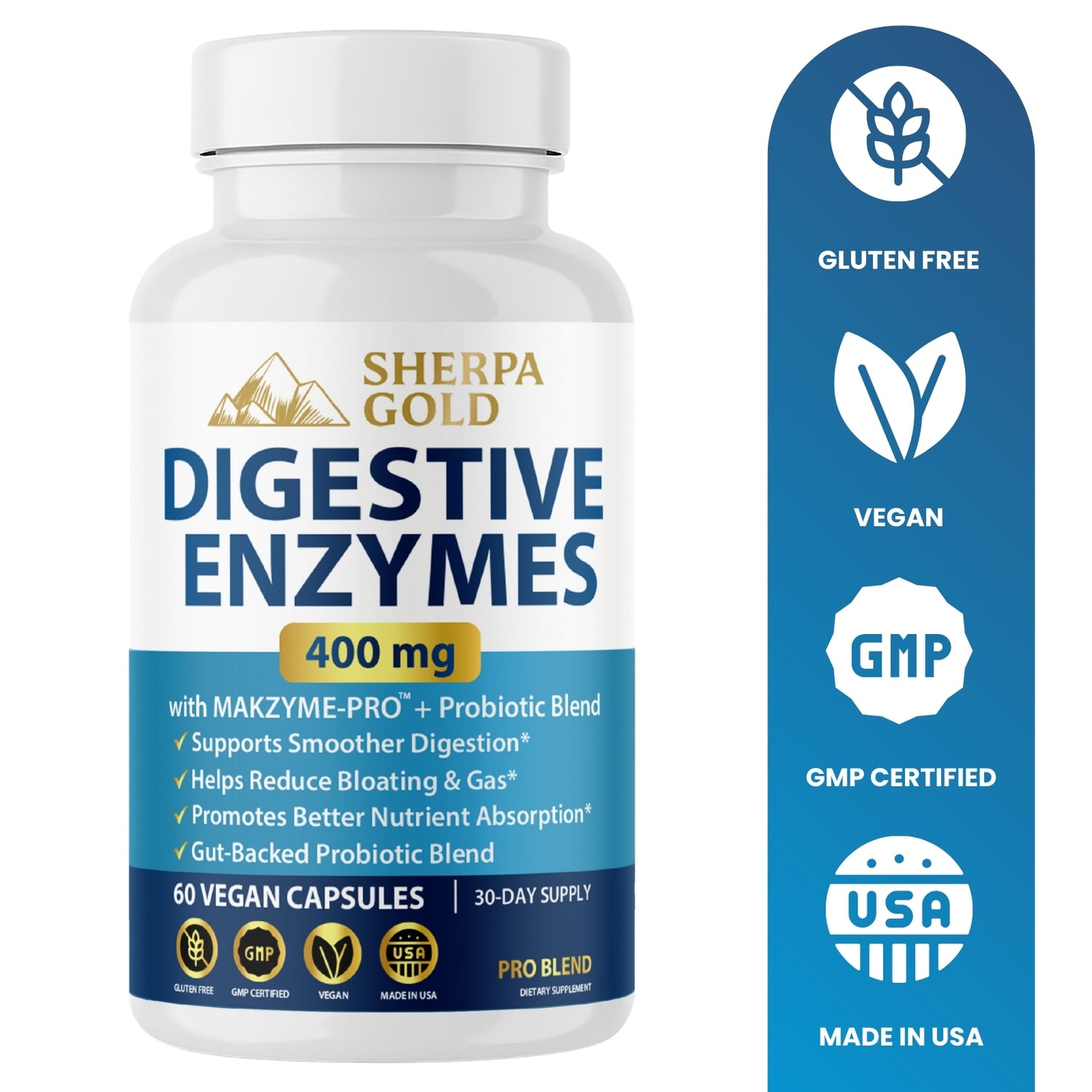 Sherpa Gold Digestive Enzymes – With Makzyme-Pro™ + Probiotic Blend (60 Vegan Capsules)
